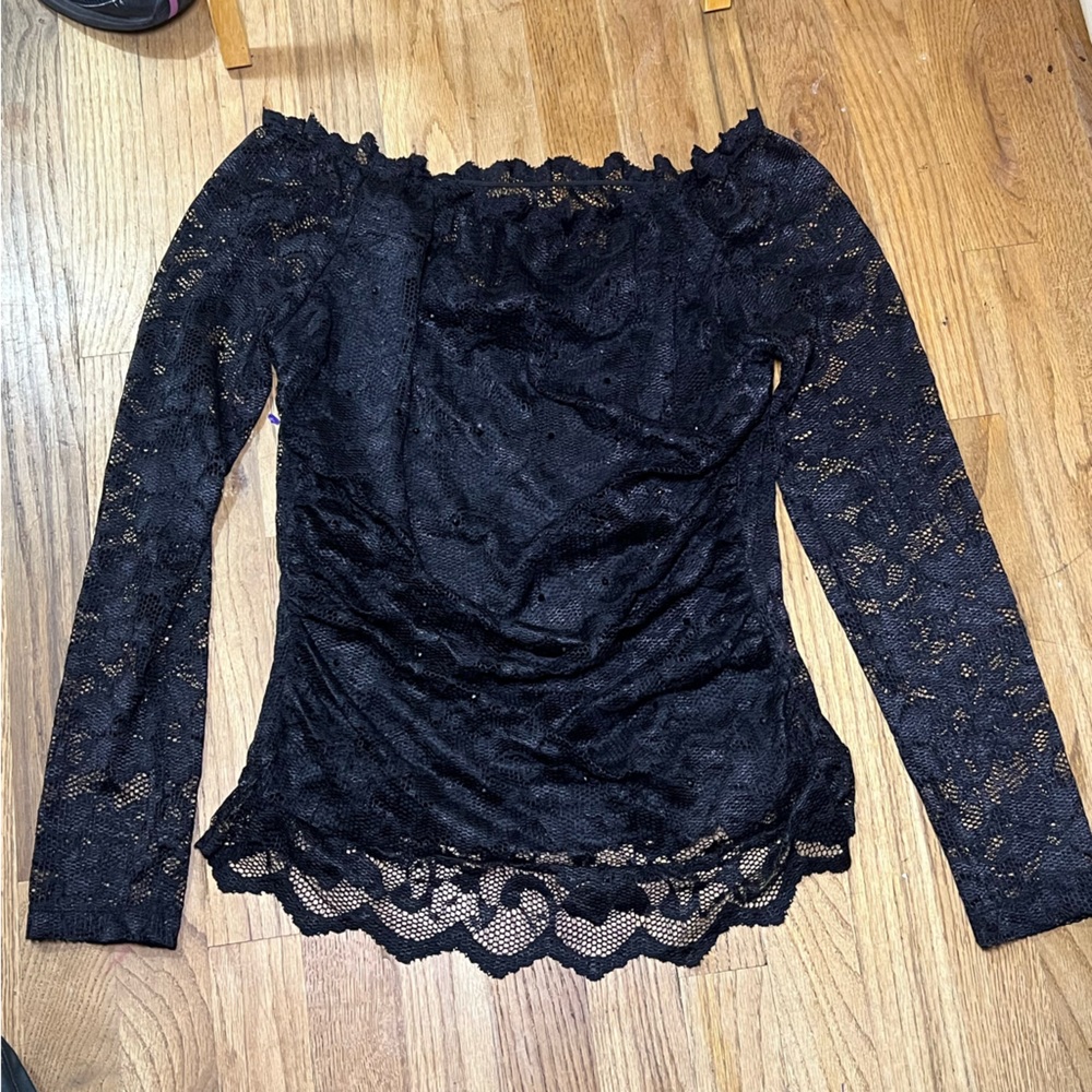 Colleen Lopez Black Lace Blouse long sleeve off shoulders embellished‎ size M - Picture 6 of 9